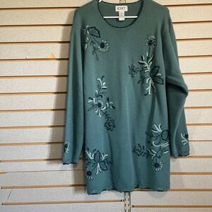 Koret Womens 1X Green Floral Embroidered Beaded‎ Long Sleeve Knit Sweater